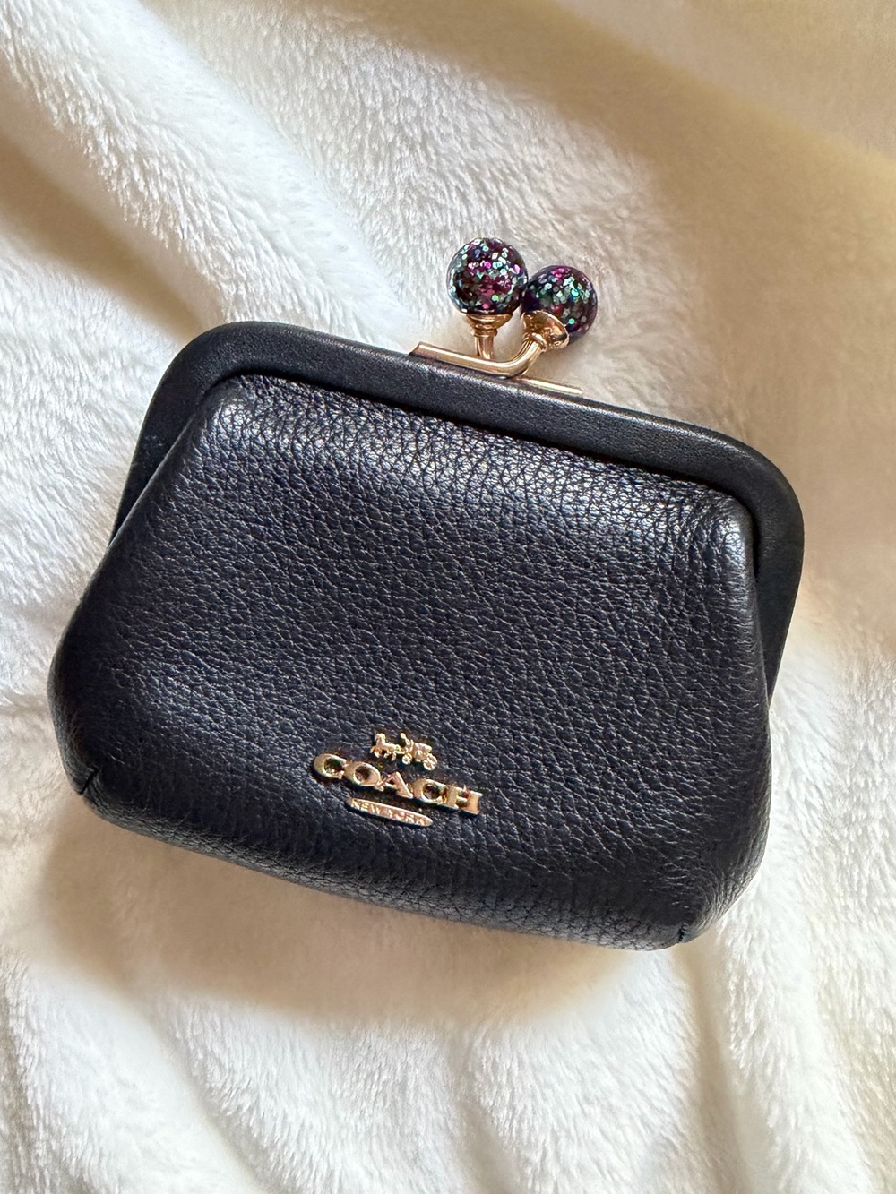 COACH Nora Black and Glitter Leather Kiss-Lock Coin Purse/Card Holder